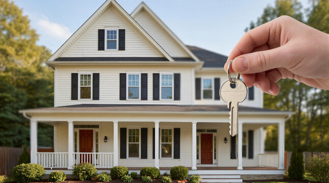 Real estate purchase, hand holding silver house key in front of a traditional residential home