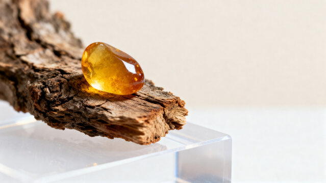 Golden copal resin drop on tree bark against white surface.