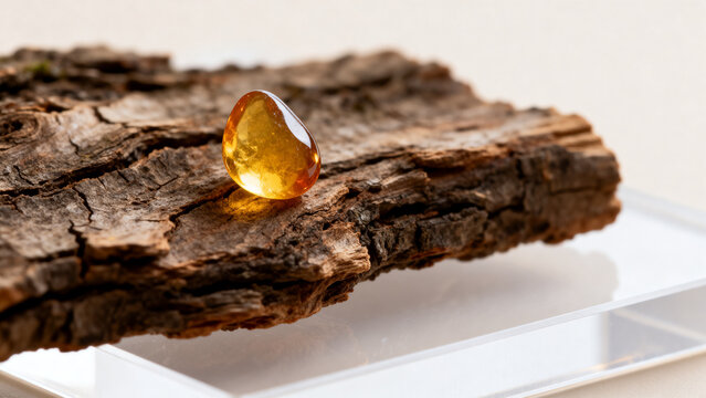 Golden copal resin drop on tree bark against white surface.