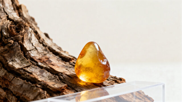 Golden copal resin drop on tree bark against white surface.