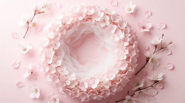 Pastel pink flower wreath with tulle fabric on soft background. Cherry blossom branches, petals scattered around. Dreamy baby shower wedding flatlay backdrop. Elegant floral circle decoration for