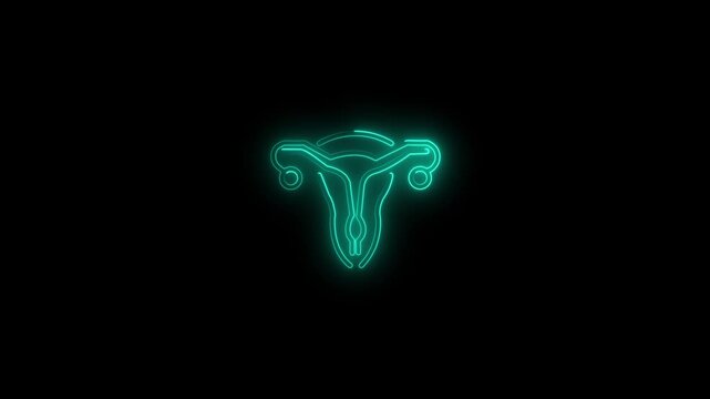 Glowing Neon woman uterus icon. Female reproductive system women uterus ovary icon in black background. Ovary and cervix of womb reproductive health in gynecology medical clinic