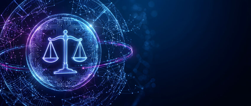 Futuristic digital justice concept featuring glowing scales of law symbol within a holographic sphere and circuit board patterns on a dark blue network technology background with copy space.