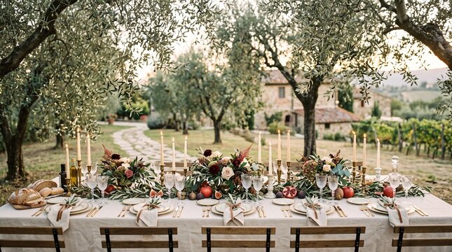 Elegant outdoor dinner setup with candles and floral decor among olive trees  