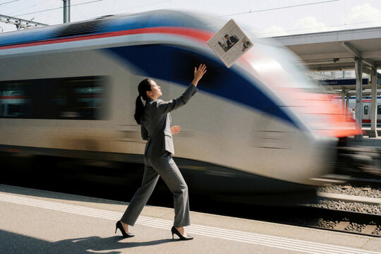Businesswoman chases flying newspaper on train station platform. Fast moving passenger train creates wind, motion blur. Young woman in grey suit tries catch paper near tracks in Switzerland. Concept