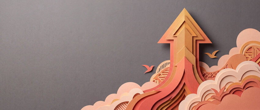 Conceptual multilayered paper-cut art illustration featuring a large upward-pointing arrow emerging from stylized clouds and flying birds, symbolizing growth, success, and business progress.