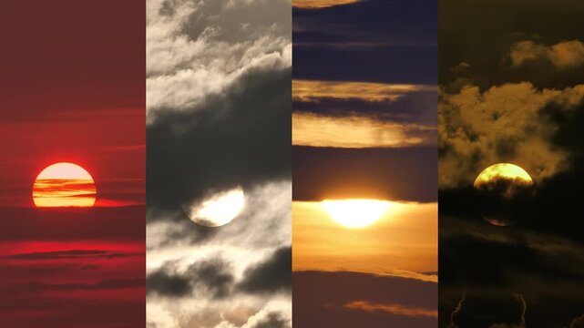 Moving simultaneously in synchronized movement, four distinct suns pass behind moving clouds side by side in a horizontal stack layout. Diverse atmospheric conditions display contrasting hues