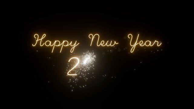 Happy New Year 2027 glowing yellow neon lettering on black, created as a 3D render with a sparkler effect writing out the year