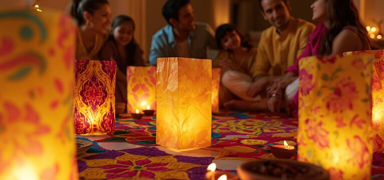 A joyful family celebrates Diwali surrounded by colorful rangoli and glowing lanterns in warm light.