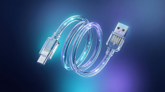 Usb type c charging cable coiled in a circle on a dark blue background