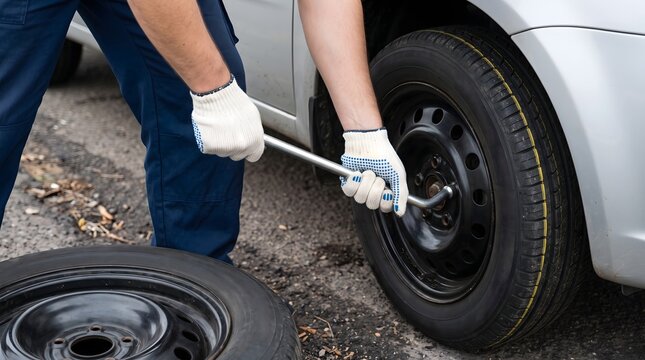 Person wearing work gloves changing car wheel with a lug wrench.