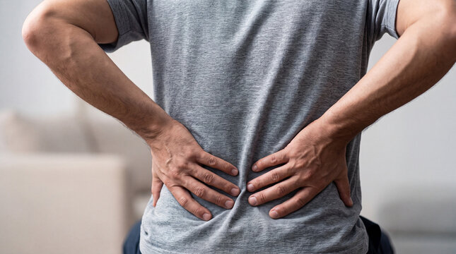 Rear view close-up of a man suffering from lower back pain, holding his lumbar area with both hands in discomfort, depicting chronic ache, muscle strain, spinal injury, or sciatica symptoms.