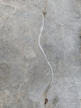 Close-up of a concrete surface with a rough texture. the surface appears to be old and weathered, with cracks and crevices running horizontally across it.