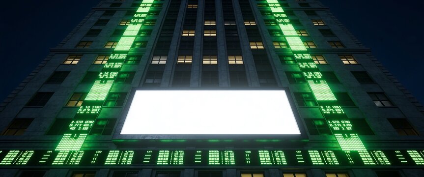 A low-angle view of a modern financial building at night featuring green digital stock ticker displays and a large blank glowing billboard for custom advertising content.