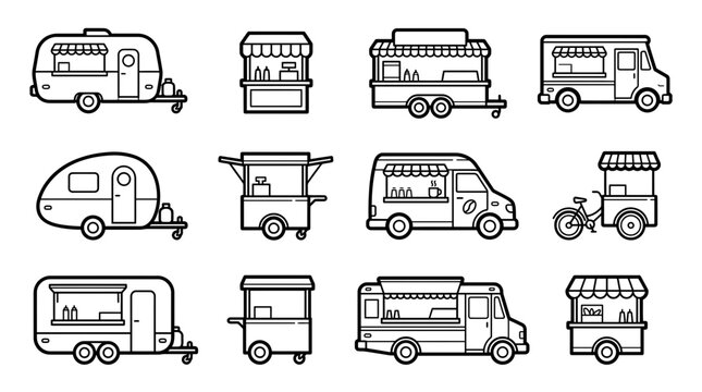 Food truck icons and street vendor line symbols featuring mobile food trailers, coffee vans and street food carts, concept for outdoor catering and small business branding
