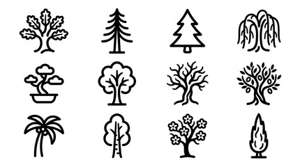 Obraz premium Tree line icons and botanical symbols showcasing diverse plant species, forest natural shapes and organic wood elements, concept for environmental graphics and nature conservation design