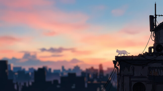 A solitary white cat walks along a city rooftop at sunset against a colorful pastel sky, creating a peaceful and serene urban landscape scene