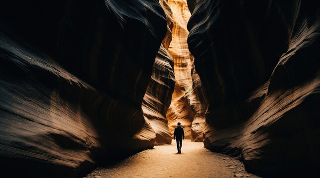 Lone man walks through narrow sandstone canyon with steep rock walls. Person explores dark desert gorge during adventure trip. Dramatic shadows, light hit wavy stone textures in scenic geological