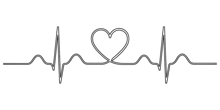 Heart shape with heartbeat ecg line drawing for medical health cardiology and romantic love concept in minimalist style.
