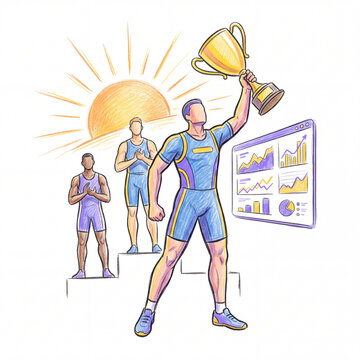 A triumphant athlete stands atop a podium holding a golden trophy as business charts display successful growth metrics while the rising sun shines brightly behind the dedicated group of team