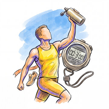 An energetic male runner celebrates his marathon victory while holding a water container next to a large digital timer showing his personal record performance time in this vibrant artistic
