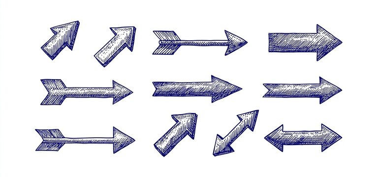 Curved arrow sketches in various styles, perfect for navigation icons and creative design elements.