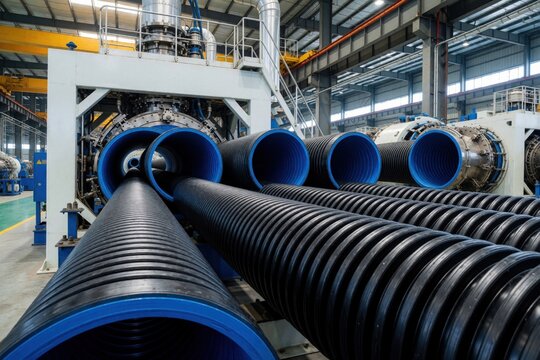 Black, blue corrugated plastic pipes exit industrial extrusion machine in factory. Heavy manufacturing equipment produces drainage, sewage pipelines. Workers monitor automated production line for