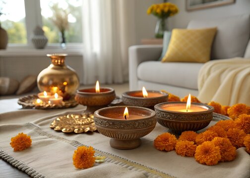 festive indoor setup featuring lit clay diya lamps, marigold fiowers ,and elegant copper pots for traditional celebration