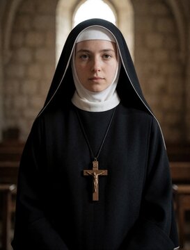 Young nun wears black habit, white wimple in old church. Religious woman looks at camera wearing large wooden crucifix necklace. Portrait of female monk in convent with stone walls, holy atmosphere