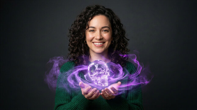 Smiling woman holding a levitating glowing crystal skull with magical purple energy swirls