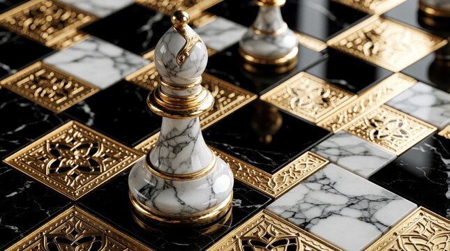 Close up of white marble chess bishop with gold trim. Luxury chess piece stands on black, white marble board with ornate gold patterns. Elegant game set features premium stone texture, sophisticated