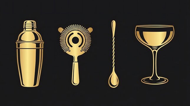 Golden barware icons including shaker strainer and cocktail glass.