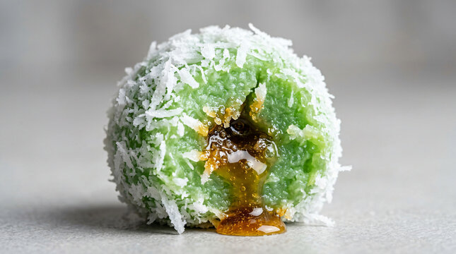 A delicious Indonesian Klepon rice cake ball filled with liquid palm sugar and coated with shredded coconut.