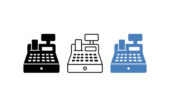 Cash register icon set. Includes solid, outline, and flat symbols for retail checkout and payment. Vector illustrations for store POS, finance, and commerce.