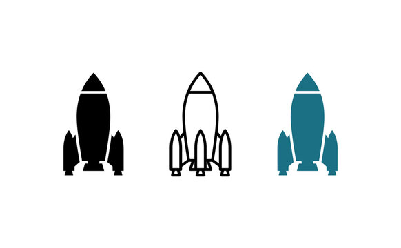 Rocket ship icon set. Includes solid, outline, and blue spaceship symbols. Vector icons for startup, space travel, and business launch.