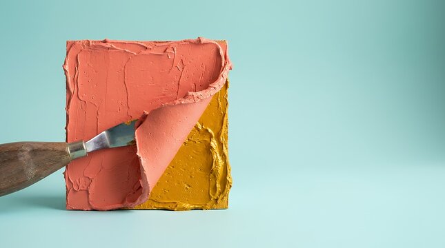 めくれるピンクの絵の具から現れる黄色の層