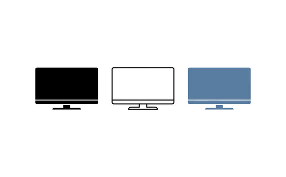 Computer monitor icon set. Includes solid, outline, and blue variations. Minimal vector symbols for technology, display, and desktop computer.