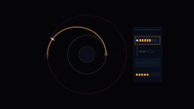 Futuristic digital interface showing orbital space simulation with glowing data analytics