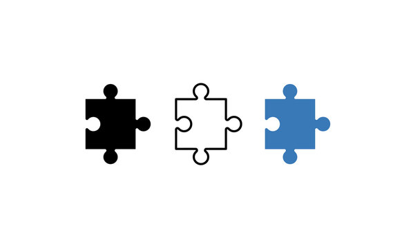 Puzzle piece icon set. Includes solid, outline, and blue styles. Clean vector symbols for problem solving and game strategy.