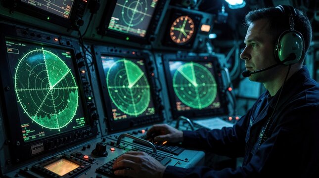 Male naval sailor operates sonar equipment inside submarine control room. Military technician monitors radar screen, navigation display for underwater mission. Pro crew member uses high tech gear to