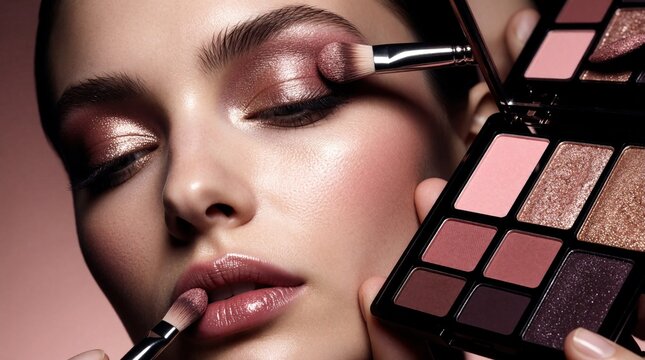 Woman applies makeup using tools. She selects various shades from compact palette showing blushes and eyeshadows. Portrait highlights flawless radiant skin texture and expert cosmetic artistry.