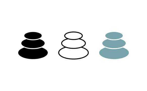 Zen stones vector icon set. Includes stacked pebble symbols for spa, meditation, and balance. Minimalist flat design for wellness and relaxation concepts.