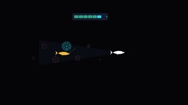 Minimalist digital graphic showing fish swimming in the dark with glowing light cone