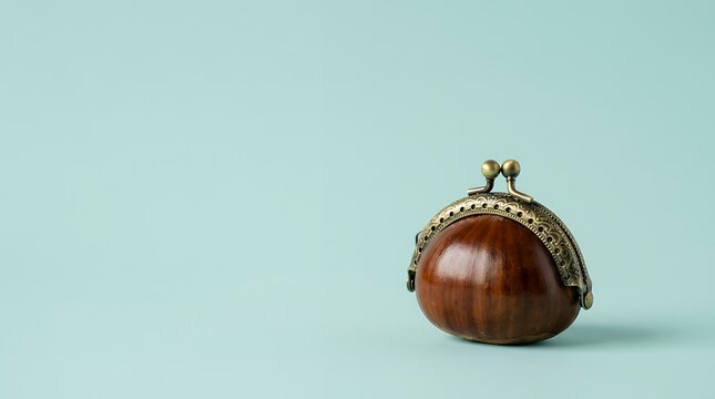 栗で作ったがま口財布とミント背景