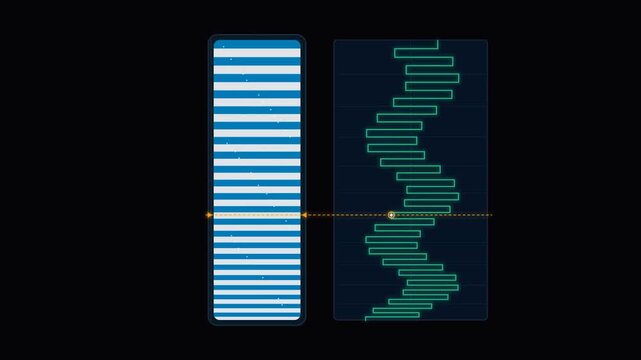 Abstract digital data visualization with glowing blue and green wave patterns on black background