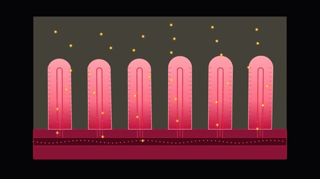 Abstract illustration of glowing pink capsule shapes lined up against a dark background