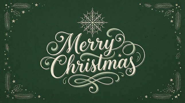 Merry christmas calligraphy in white script on a dark green textured background, with decorative pine, branches and snowflake, corner borders