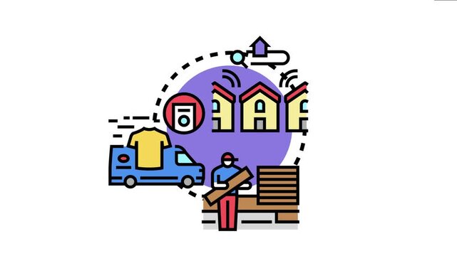 Neighborhood service concept showing a delivery van transporting goods. A handyman providing support. And houses interconnected