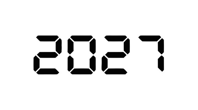 2027 digital clock numbers display segmented black LED style digits creating a precise electronic appearance on a plain white field.