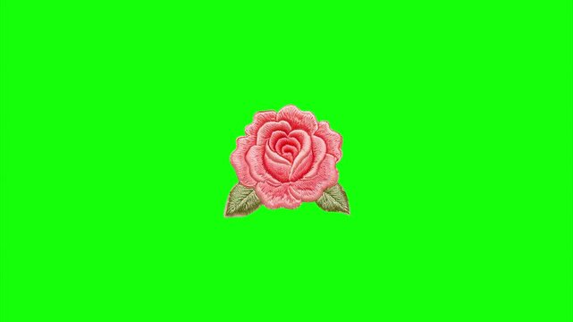 Single pink embroidered rose applique centered on bright green chroma key background for fashion mockups and motion graphics